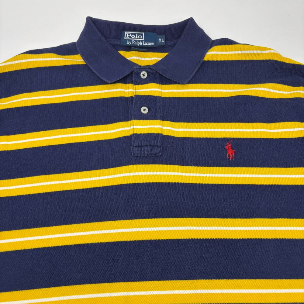 Polo Ralph Lauren Mens XL Blue Yellow Striped Cotton Short Sleeve Polo Shirt